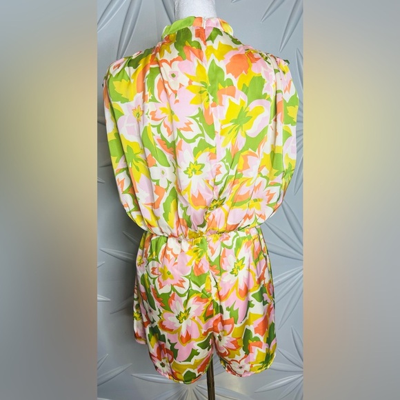 Karlie SZ M orange, green, pink & white romper with drape neck, waist 28”-30”. - Picture 6 of 6